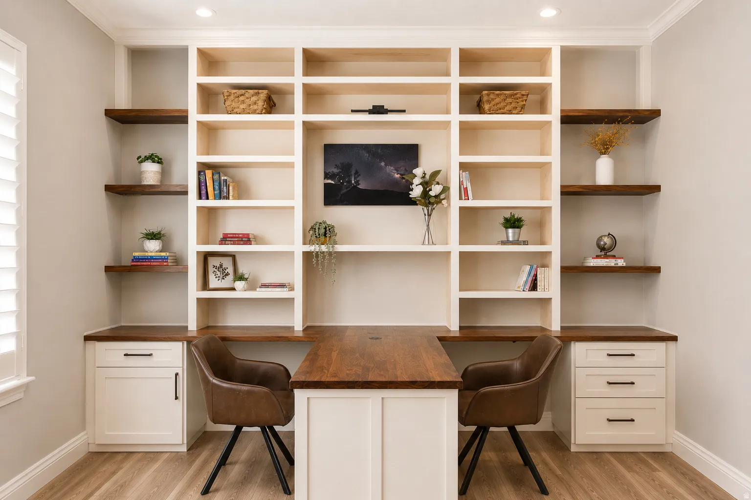 Built-in desk area featuring wood-finish flooring, recessed lighting, white cabinetry with dark hardware, a warm wood-finish desktop, and integrated shelving with open storage