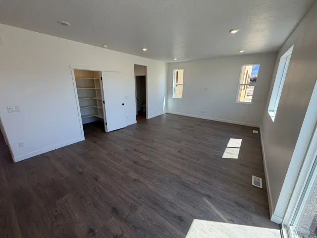 Spacious room featuring wood-finish flooring, recessed lighting, multiple windows, and a built-in closet with shelving