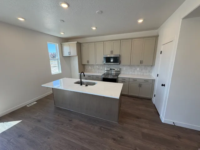 Kitchen featuring an island with a built-in sink, stainless steel appliances, light-toned cabinetry, a tiled backsplash, and wood-finish flooring