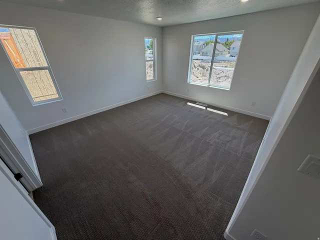 Recessed lighting, wall-to-wall carpeting, multiple windows, and white painted walls