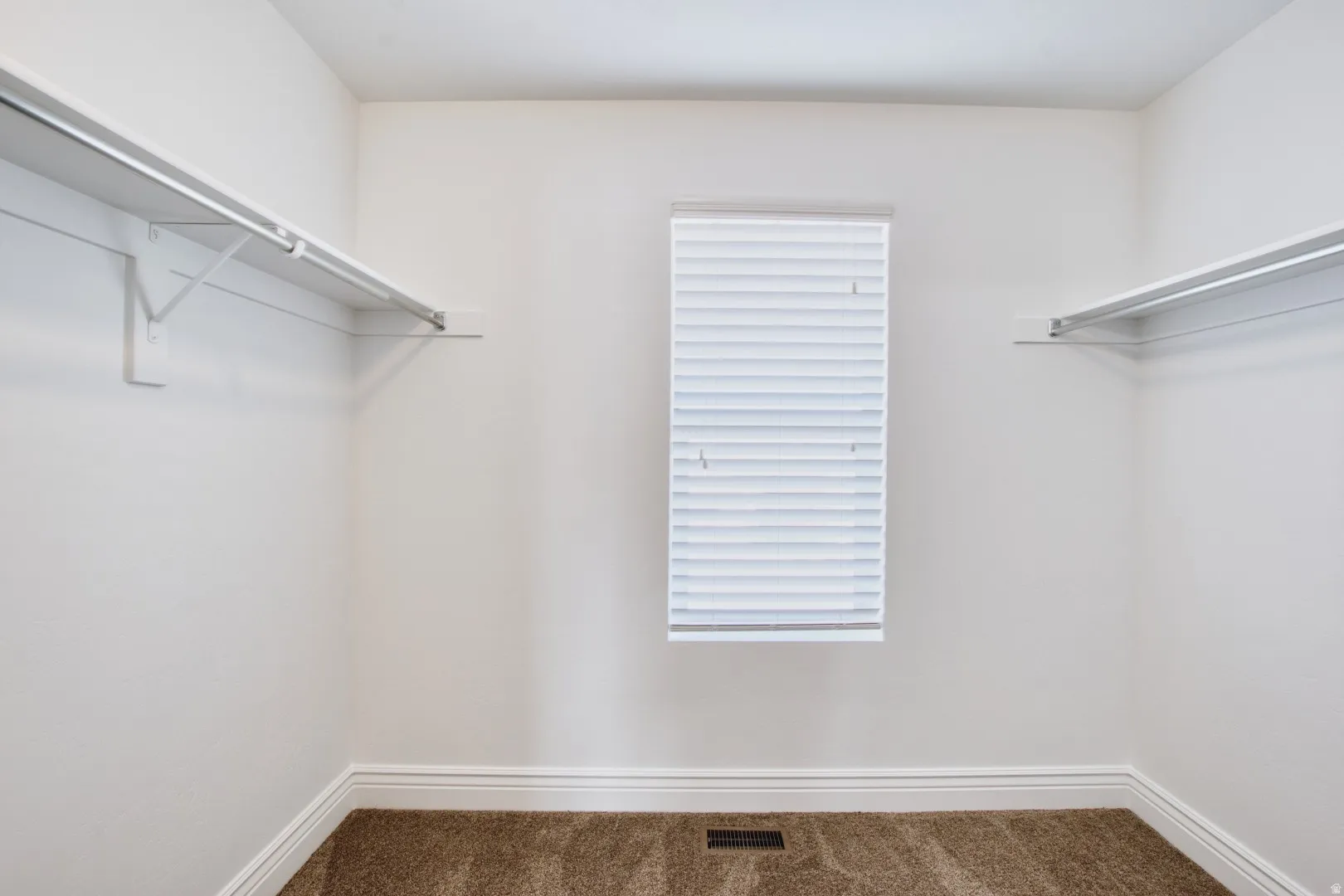Primary Walk-in closet with white walls, baseboard trim, and light brown carpeting