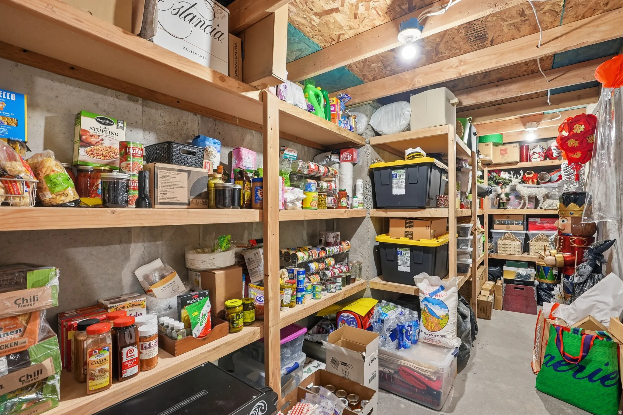 Extensive storage area featuring exposed concrete walls and ceiling joists