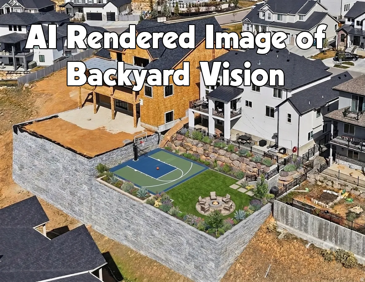 Multi-level backyard featuring a full sports court, a manicured lawn area, and a fire pit with seating