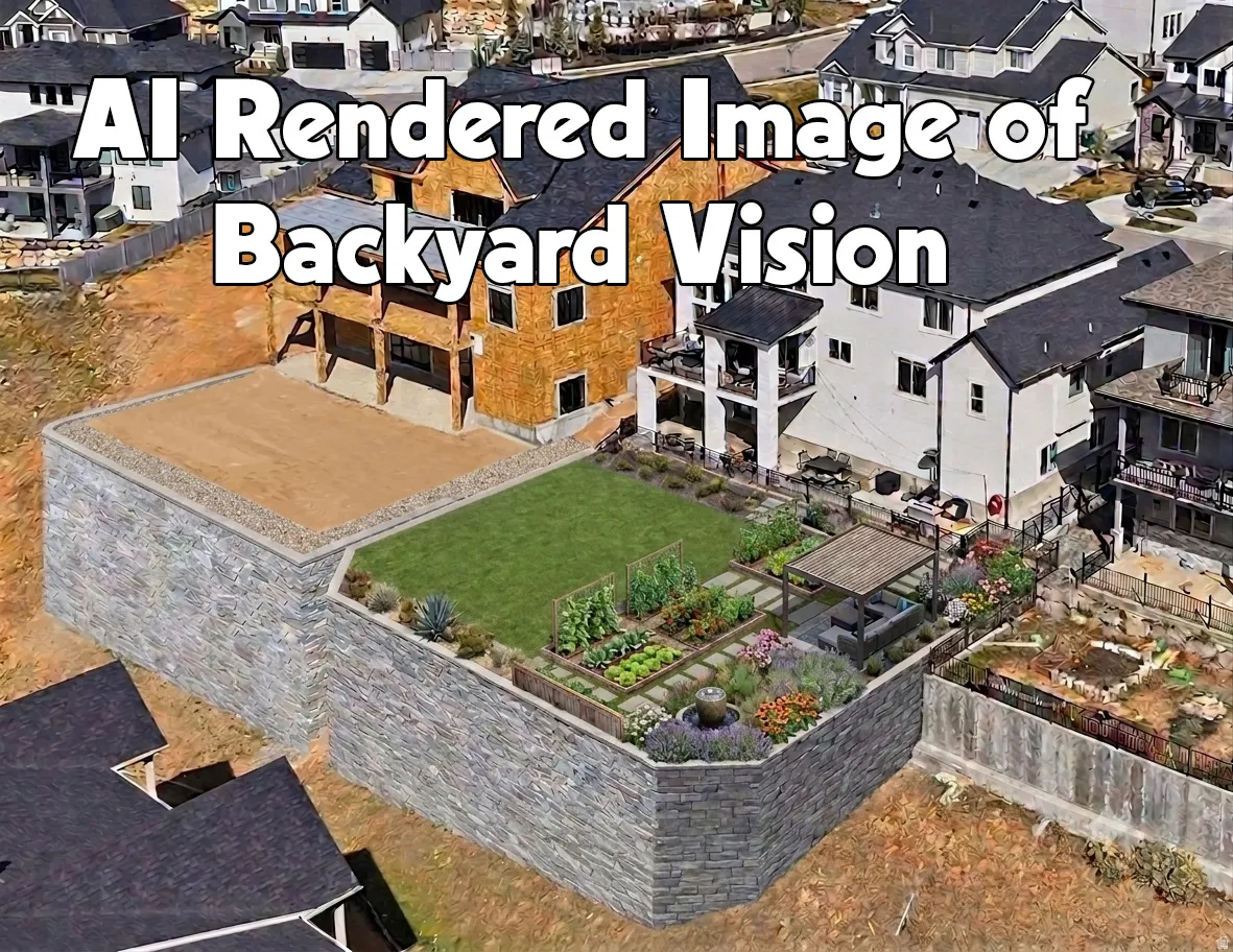 Tiered backyard featuring a manicured lawn, raised garden beds, and stone retaining walls