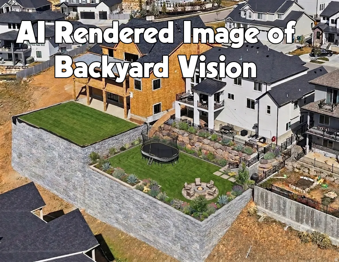 Multi-level backyard featuring extensive stone retaining walls, manicured lawns, and tiered landscaping