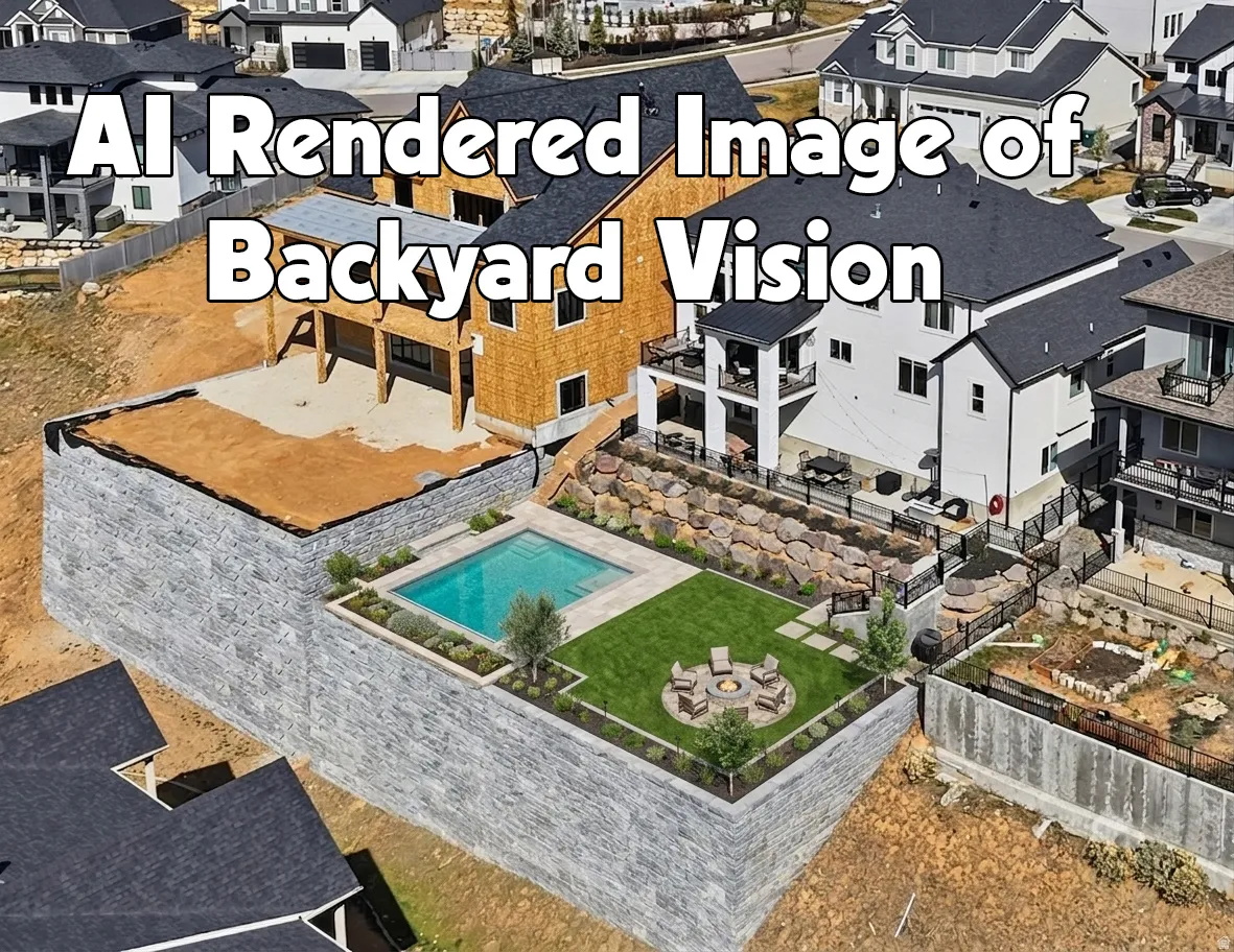 Terraced backyard featuring a swimming pool, manicured lawn, fire pit with seating, and a stone retaining wall