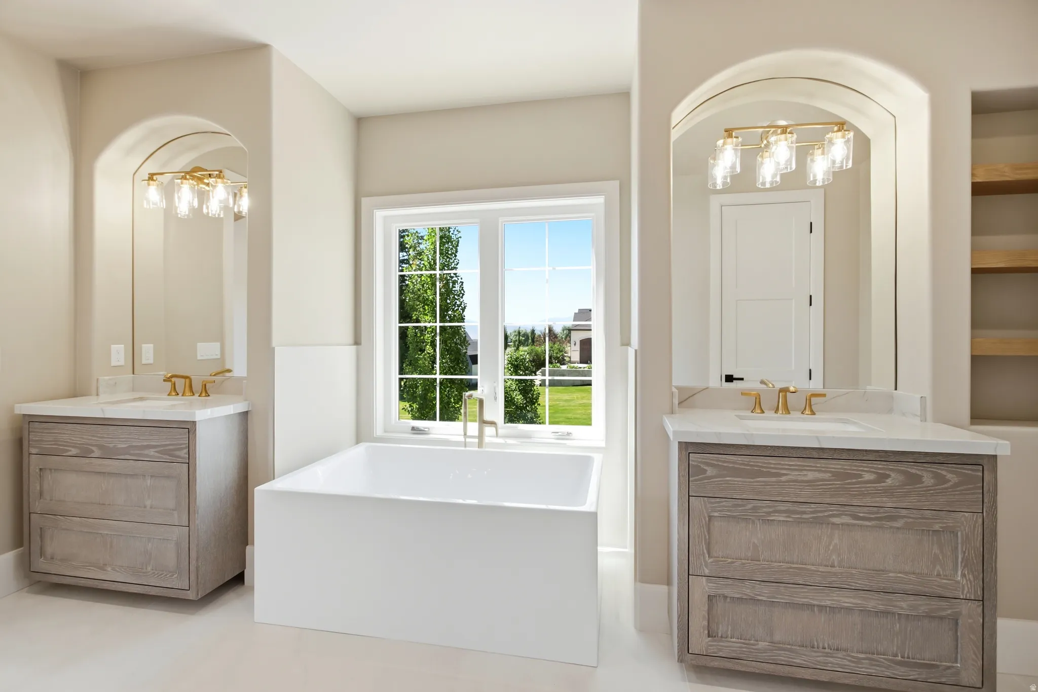 Freestanding soaking tub with a large window