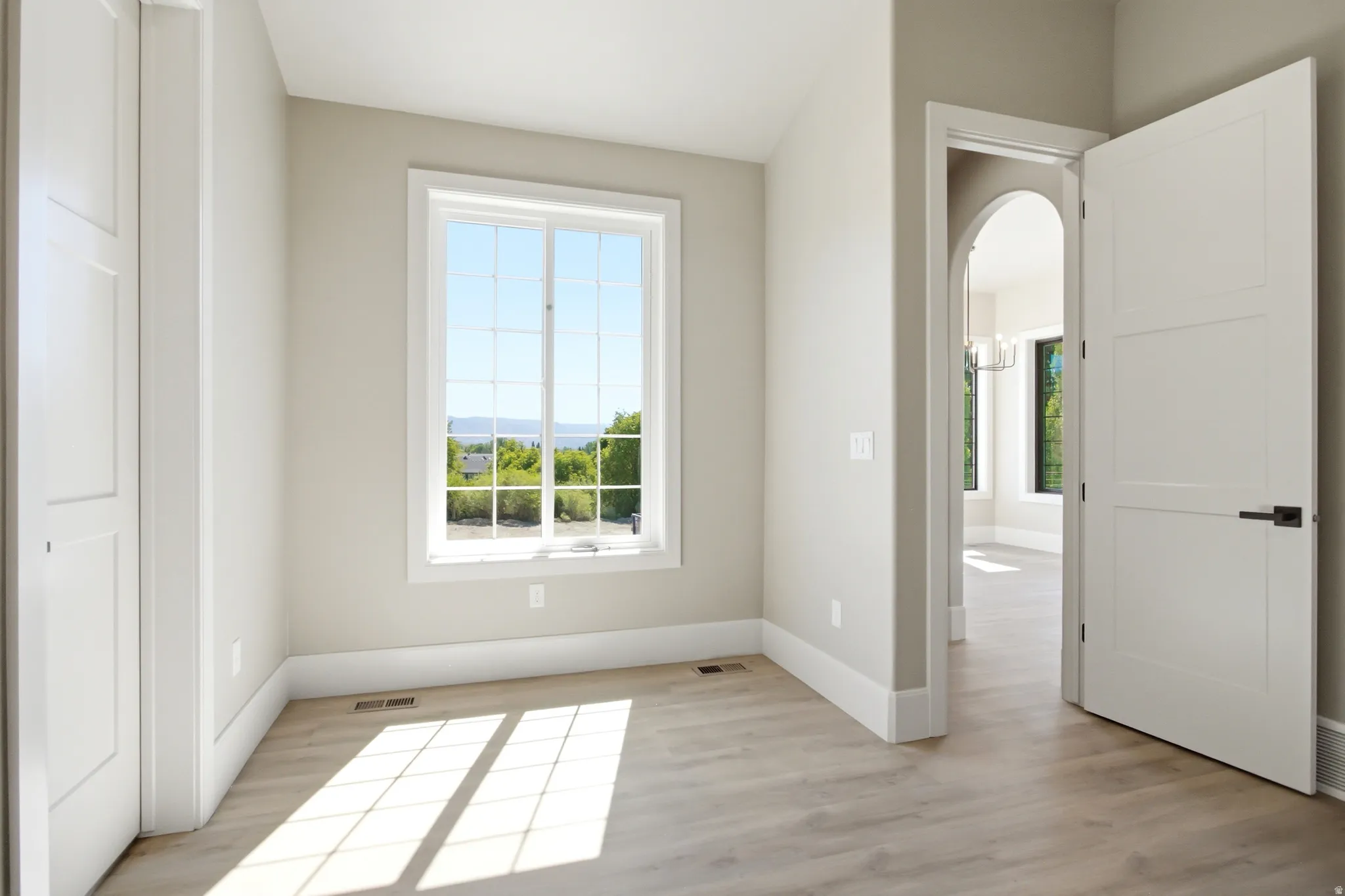 Room featuring wood-finish flooring, a large multi-pane window, white baseboards, and a three-panel interior door with matte black hardware