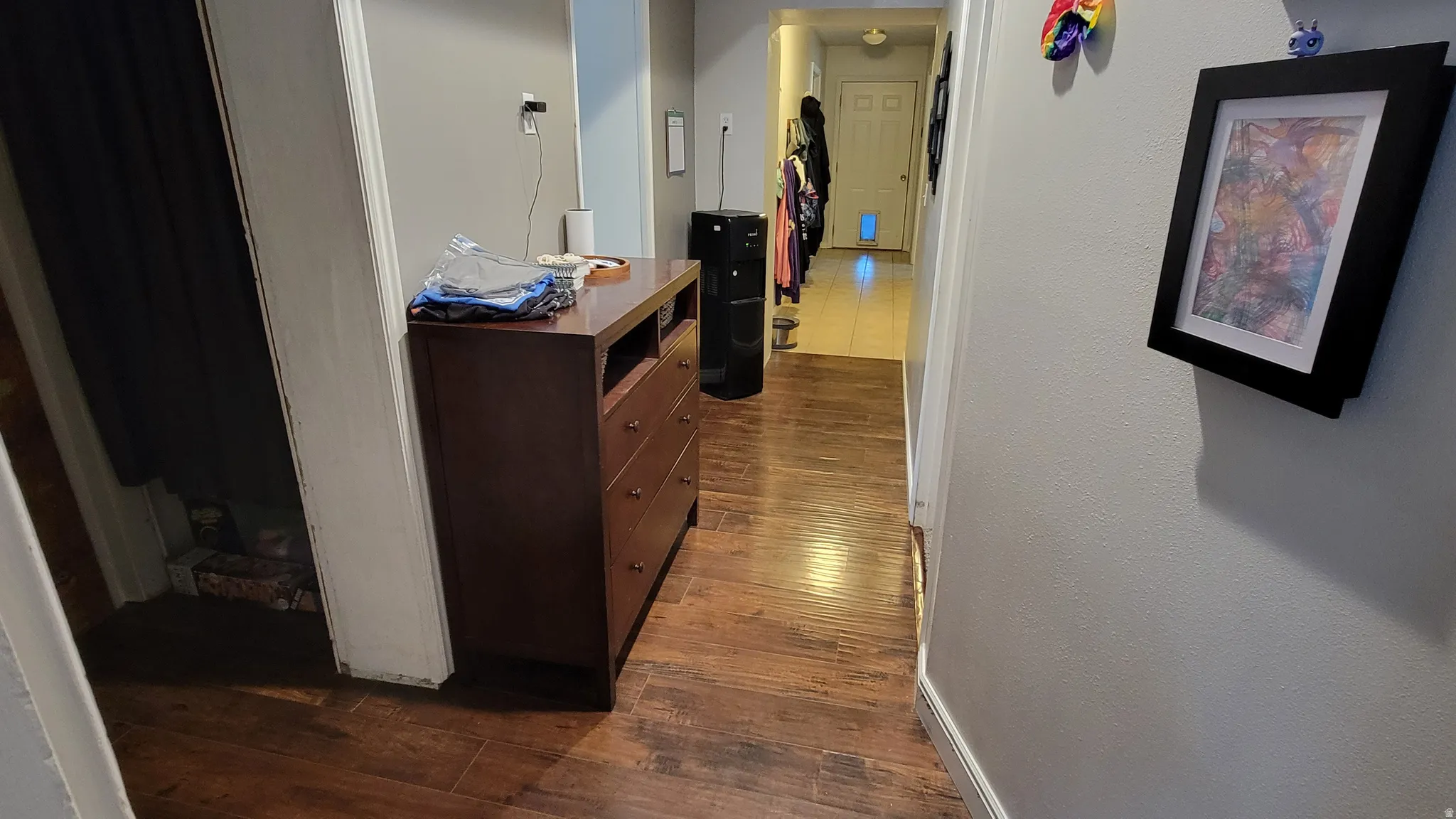 Wood-finish flooring throughout the hallway