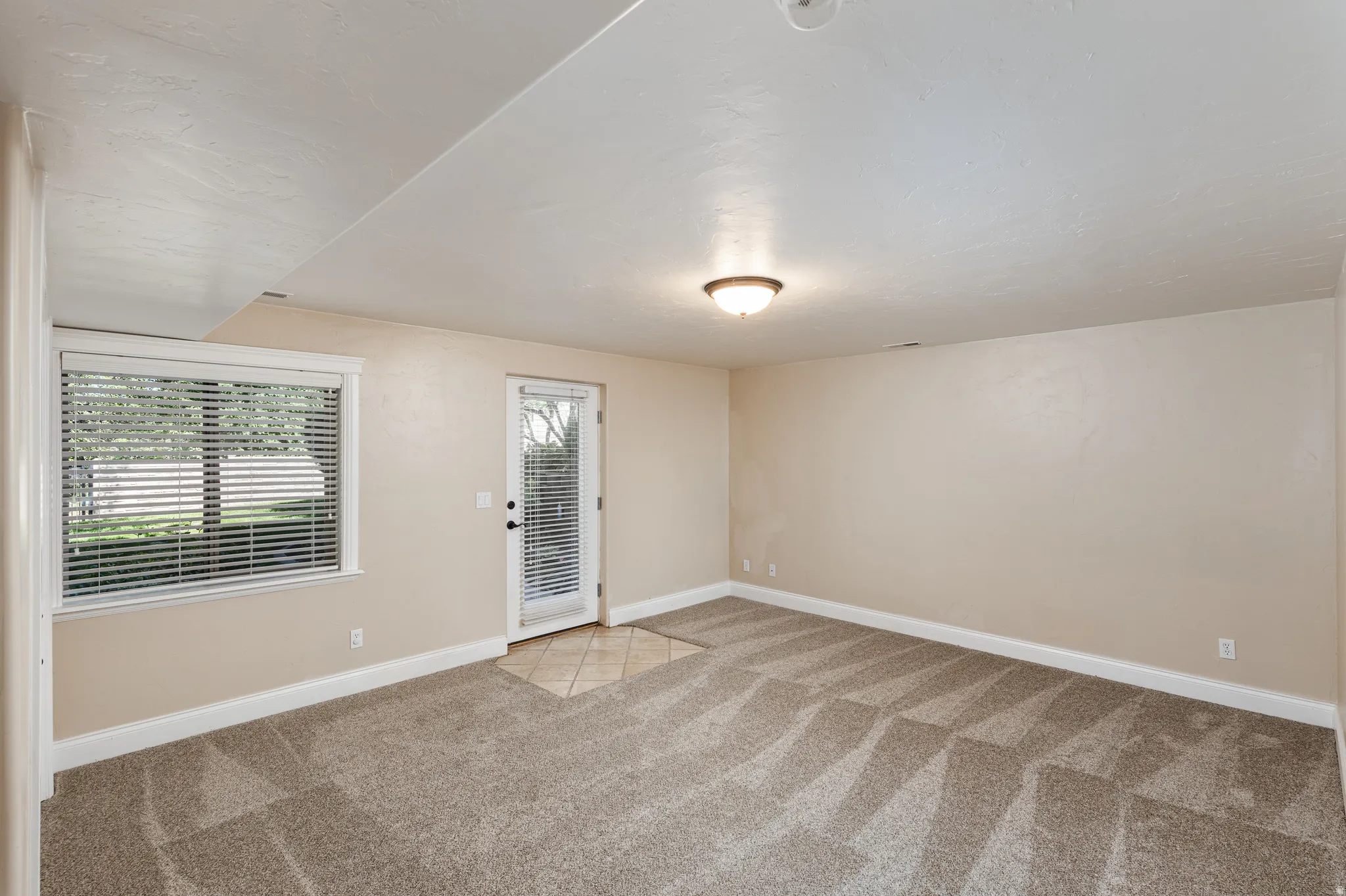 Spacious room featuring patterned carpeting, neutral wall finishes, and white baseboards
