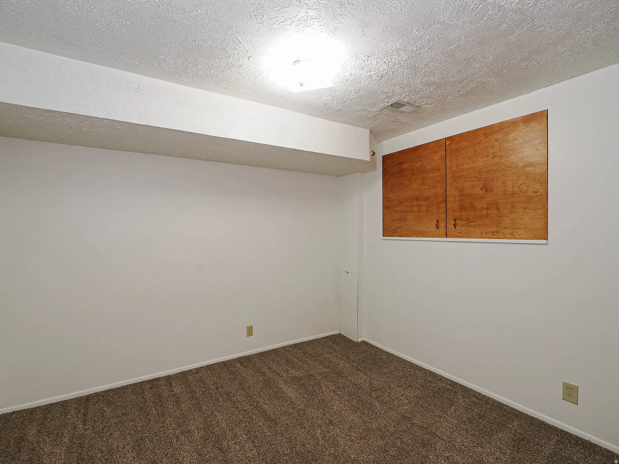 Neutral wall finish with built-in overhead cabinetry, complemented by a textured ceiling, flush-mount lighting, and carpeted flooring
