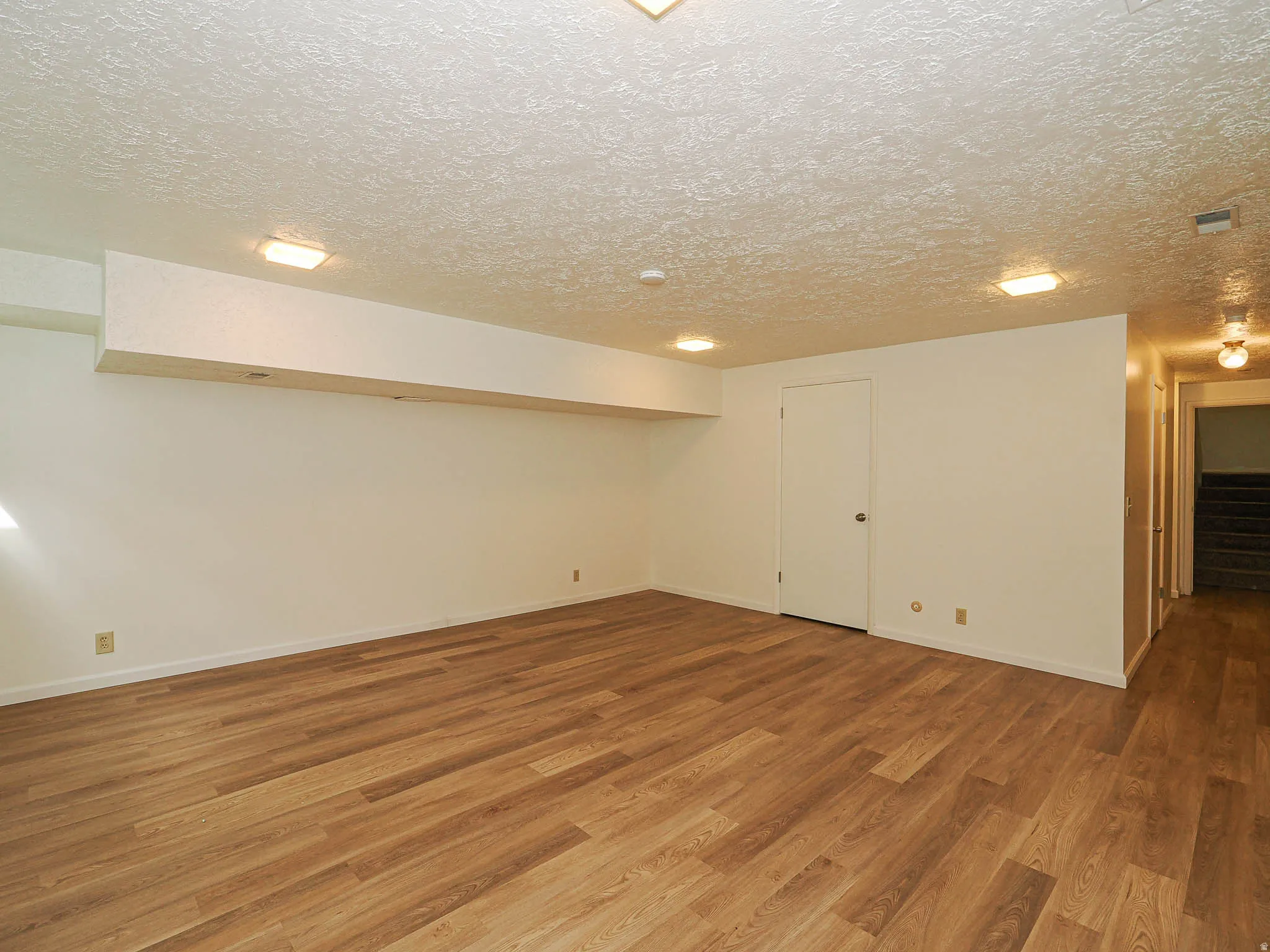 Spacious room featuring wood-finish flooring, white walls, and flush-mount ceiling lighting