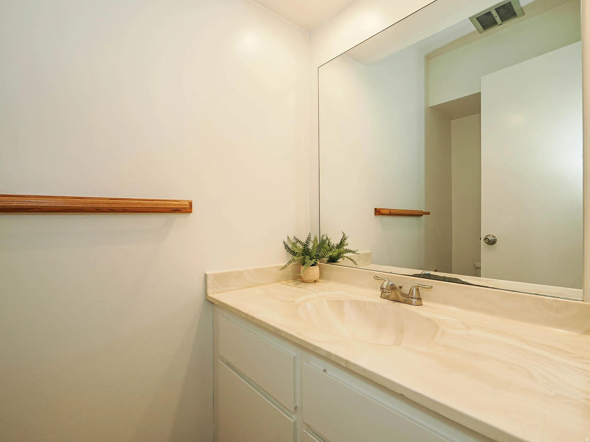 Bathroom vanity featuring a built-in sink and a light-toned countertop, complemented by a large mirror and a light wood-finish wall accent