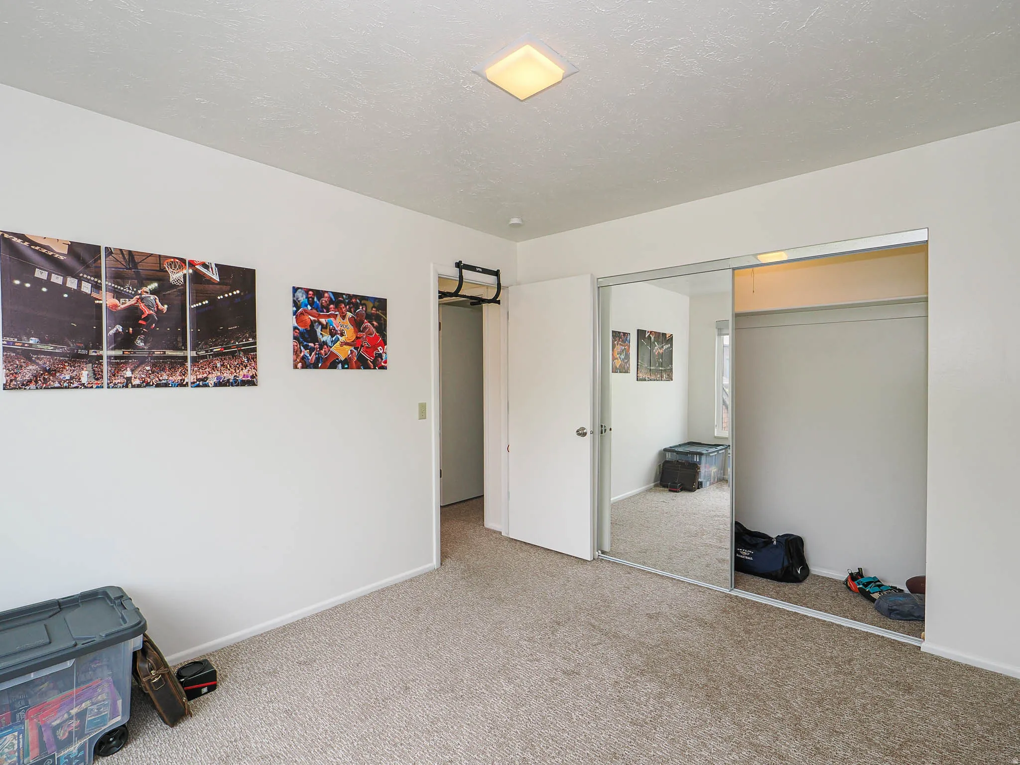 Carpeted room featuring a ceiling-mounted light fixture, sliding mirrored closet doors, and white walls