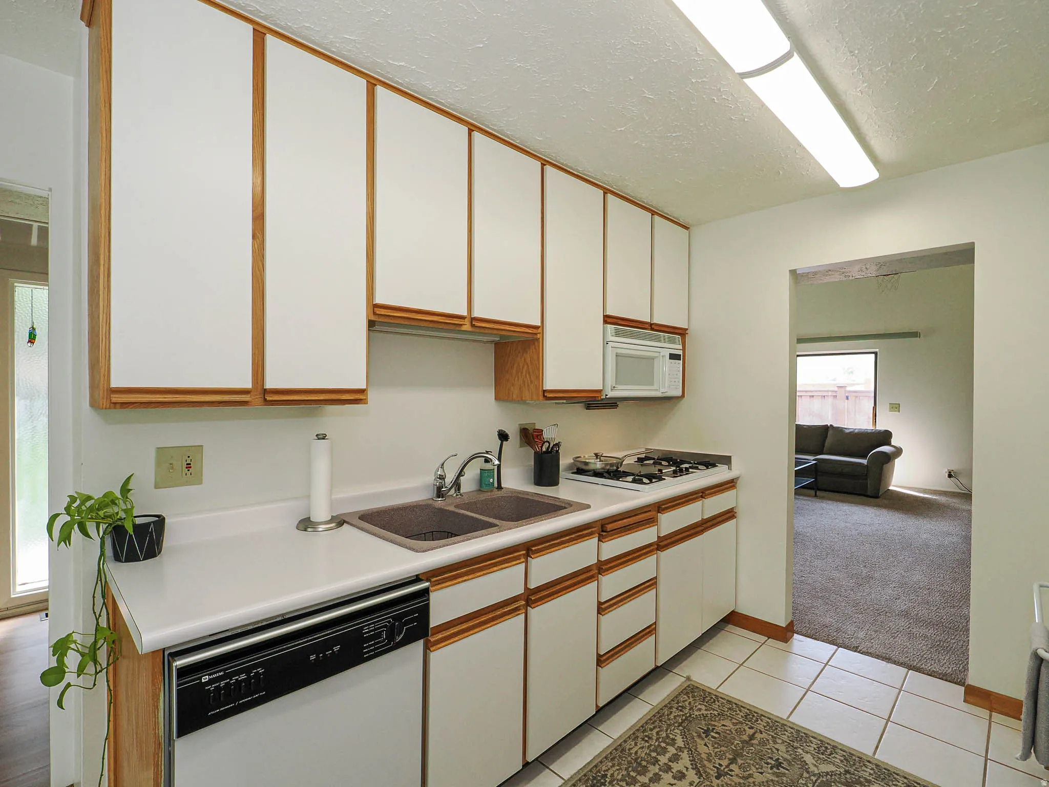 Compact kitchen featuring white cabinetry with wood-finish trim, a double basin sink, and a built-in microwave