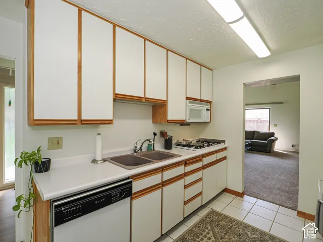 Compact kitchen featuring white cabinetry with wood-finish trim, a double basin sink, and a built-in microwave