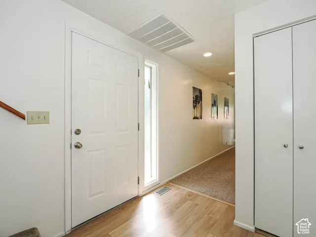 Entryway featuring a paneled door with a sidelight, wood-finish flooring, and a recessed lighting fixture