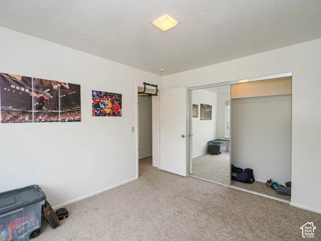 Carpeted room featuring a ceiling-mounted light fixture, sliding mirrored closet doors, and white walls