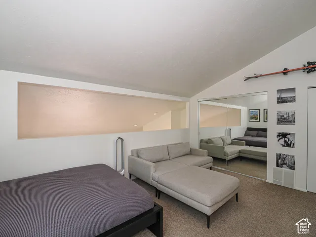 Vaulted ceiling loft space with mirrored closet doors and a built-in wall niche