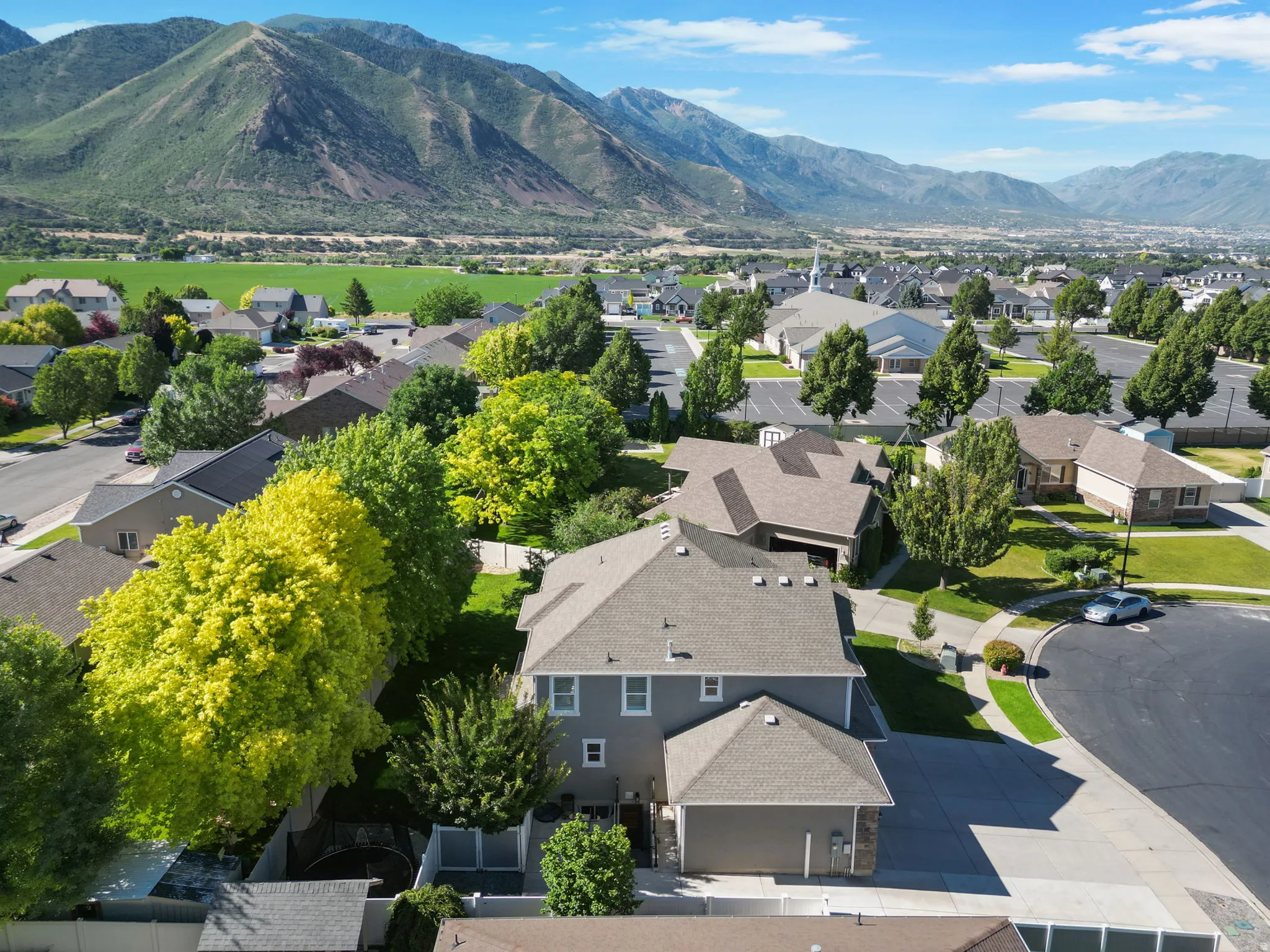Suburban neighborhood with mature trees and mountain scenery