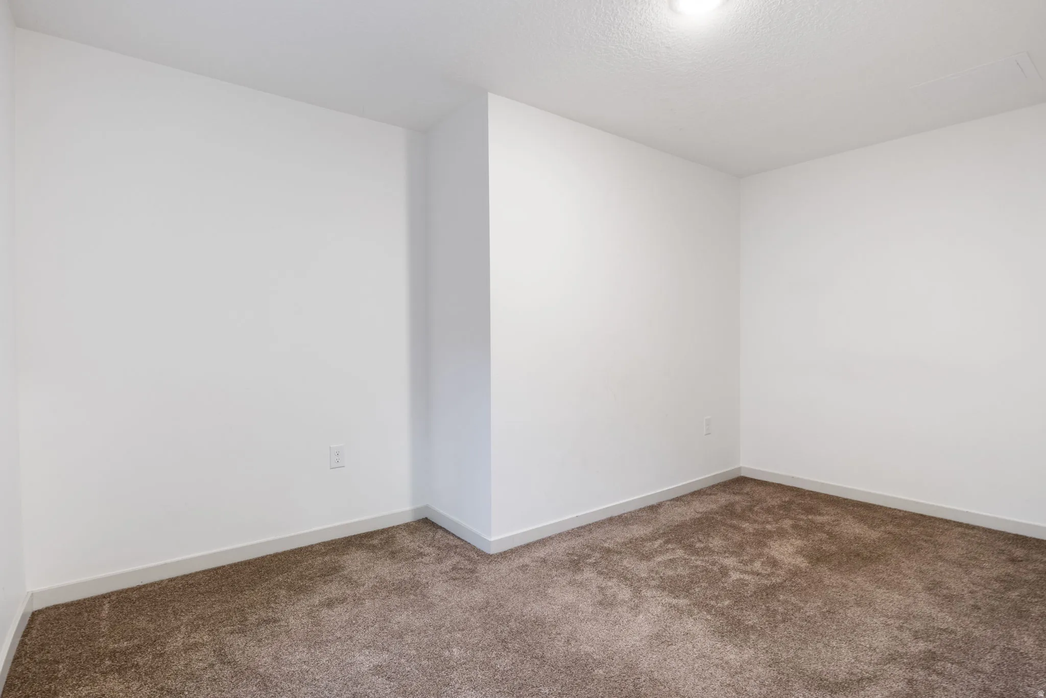 Neutral toned carpeted room with white walls, baseboards, and a ceiling-mounted light fixture