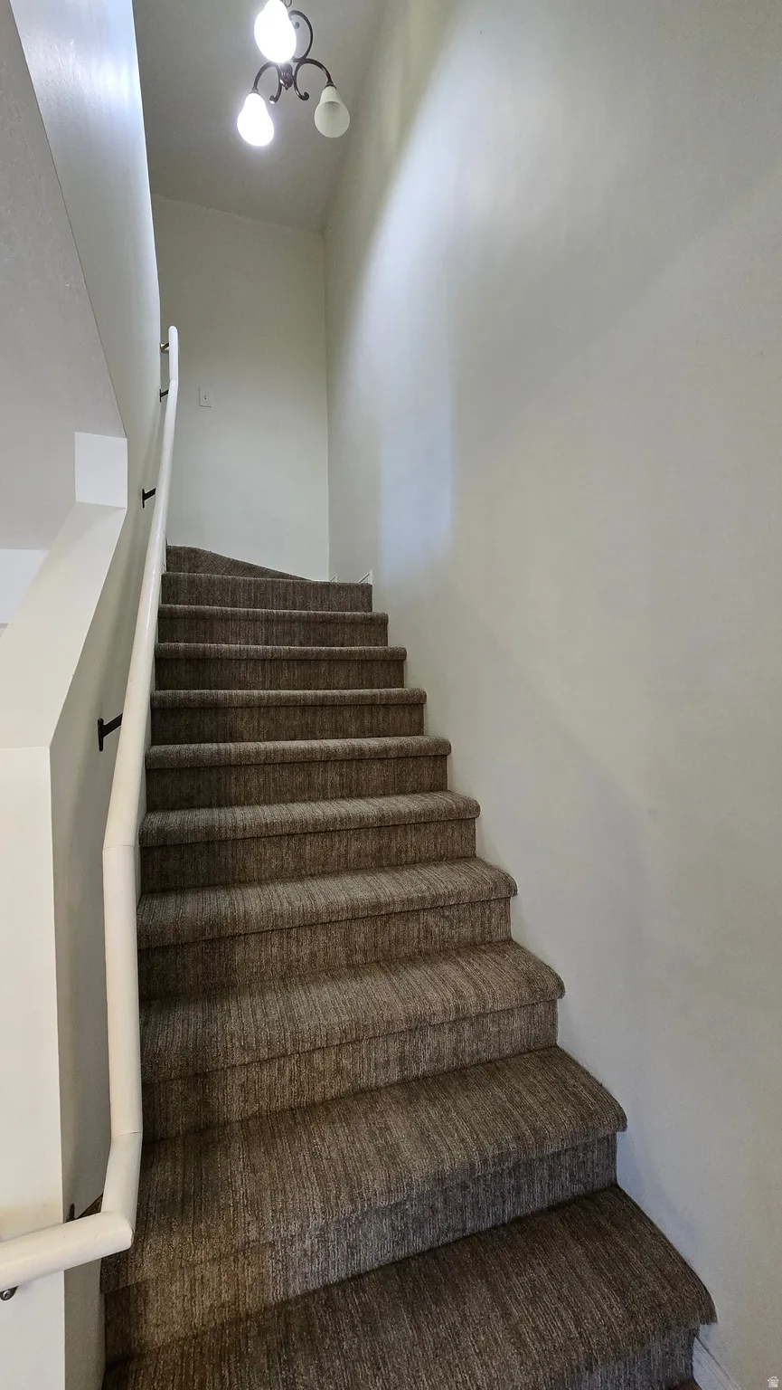 Carpeted staircase with white handrail and wall-mounted light fixture