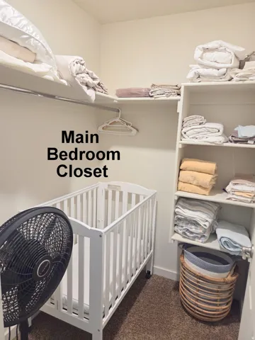 Built-in shelving and hanging rods offer ample storage solutions within this closet space, featuring carpet flooring and light-toned walls