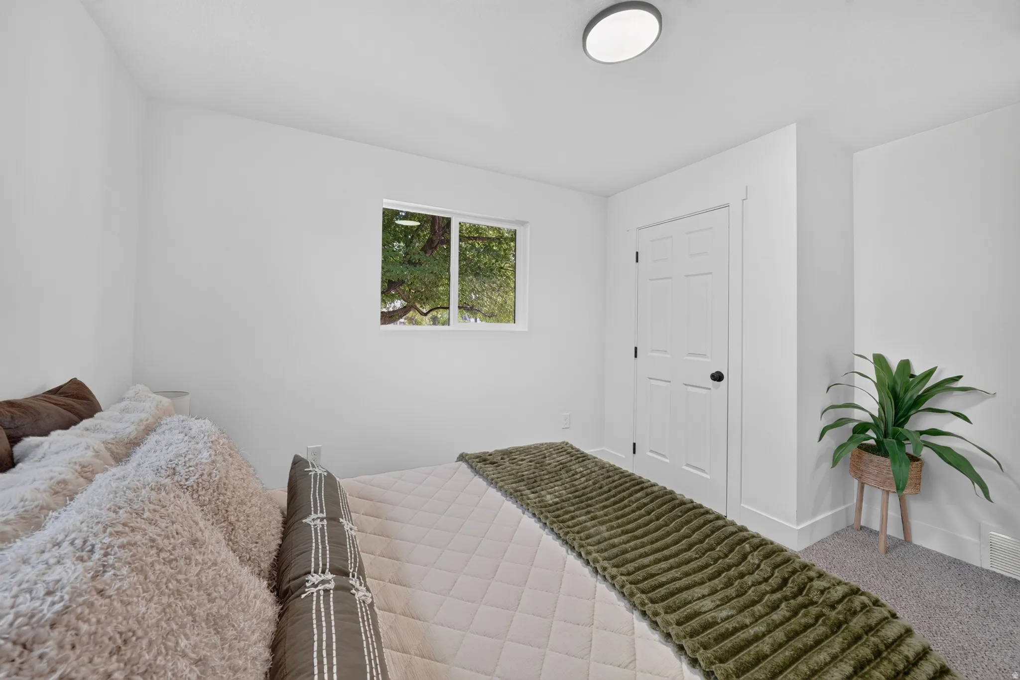 Bright interior space featuring a window with exterior tree views, a paneled door with dark hardware, a flush-mount ceiling light, and light-colored walls
