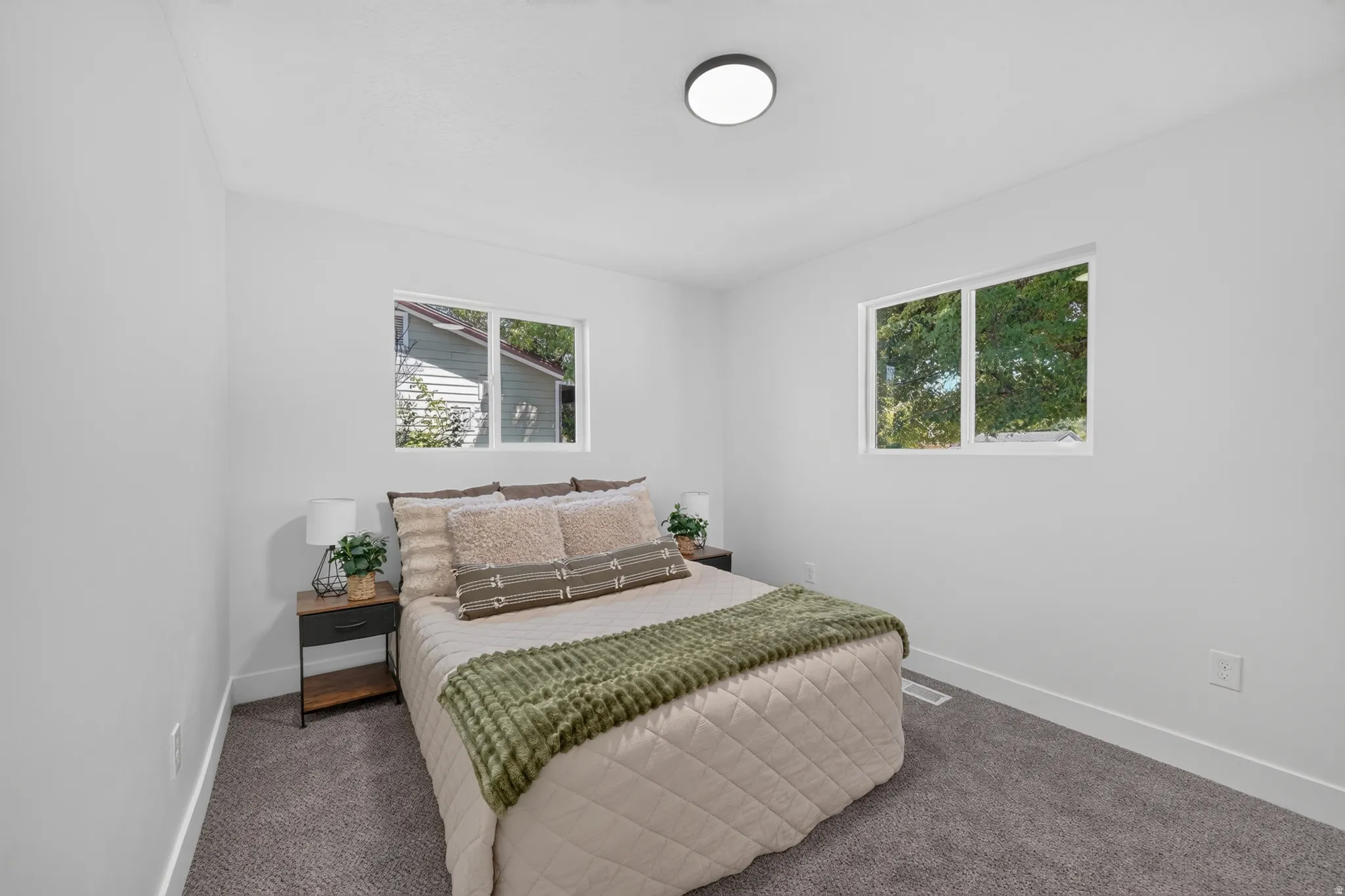 Bright interior room featuring two windows, neutral wall tones, low-pile carpeting, baseboard trim, and an overhead flush-mount light fixture