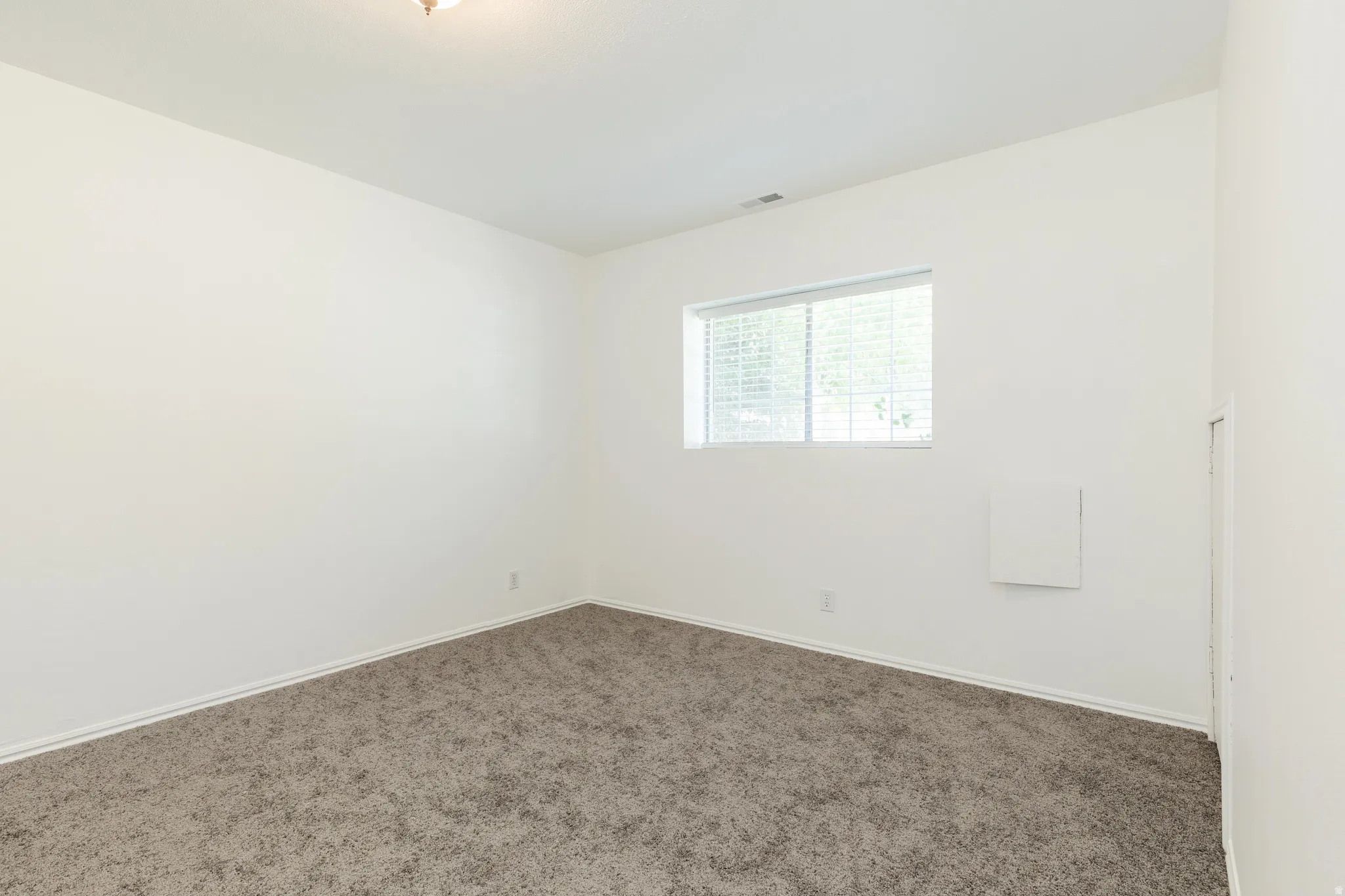 Carpeted room featuring a single window with blinds, a white ceiling with a flush-mount light fixture, and light-toned walls
