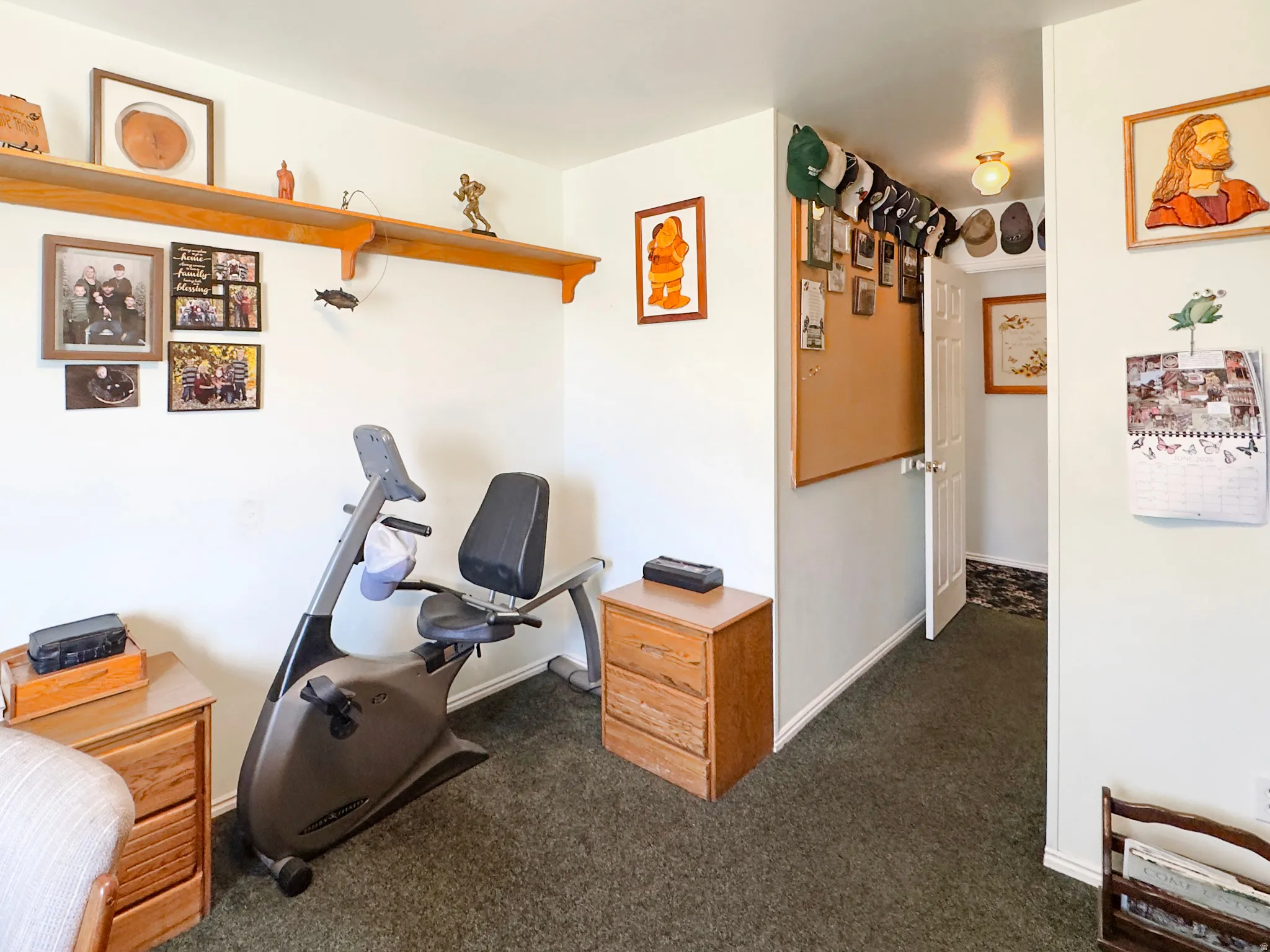 Bright interior room featuring a long wall-mounted wooden shelf, light-colored walls, and green carpet flooring