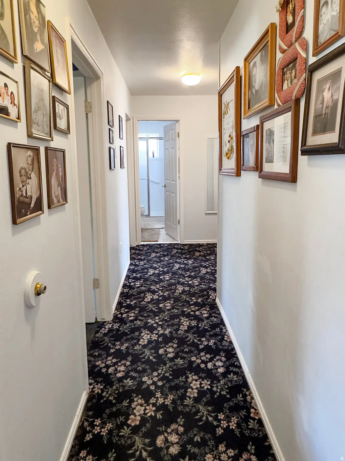 Hallway featuring floral pattern carpeting, white painted walls, and a ceiling-mounted light fixture