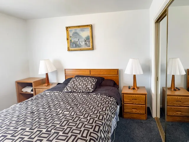 Bedroom featuring neutral wall paint, gray carpet flooring, and a sliding mirrored closet door