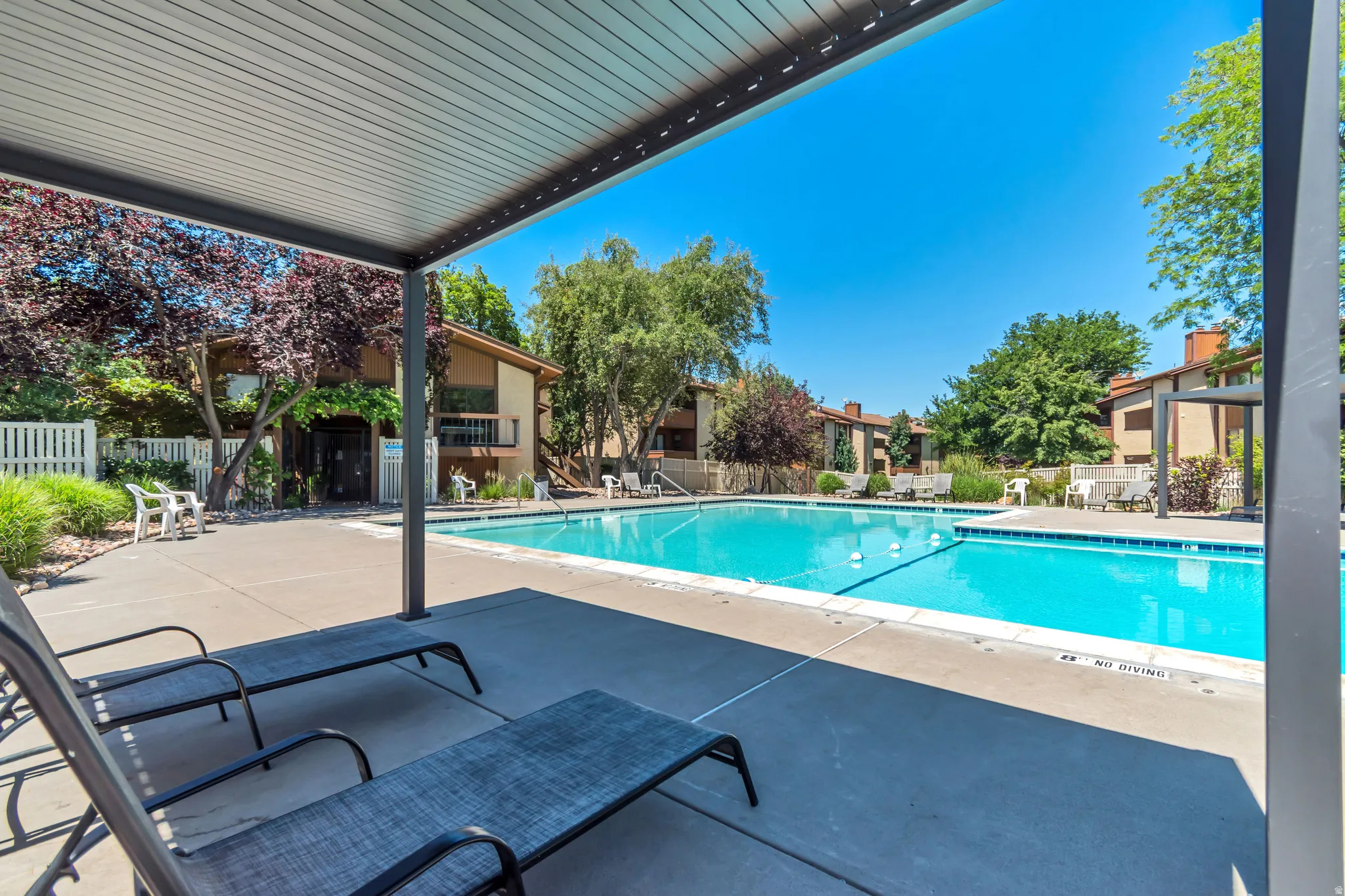 Outdoor swimming pool with a surrounding concrete deck, shaded by a slatted pergola, with multi-story buildings and mature landscaping in the background