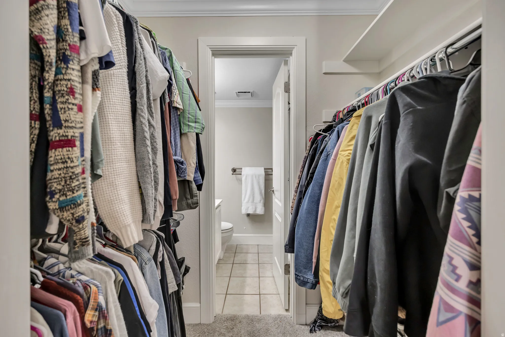 Walk-in closet featuring extensive built-in hanging storage, overhead shelving, and neutral carpeting