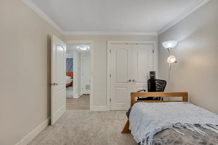 Carpeted interior space featuring crown molding, white trim, and a double-door closet with brushed nickel hardware