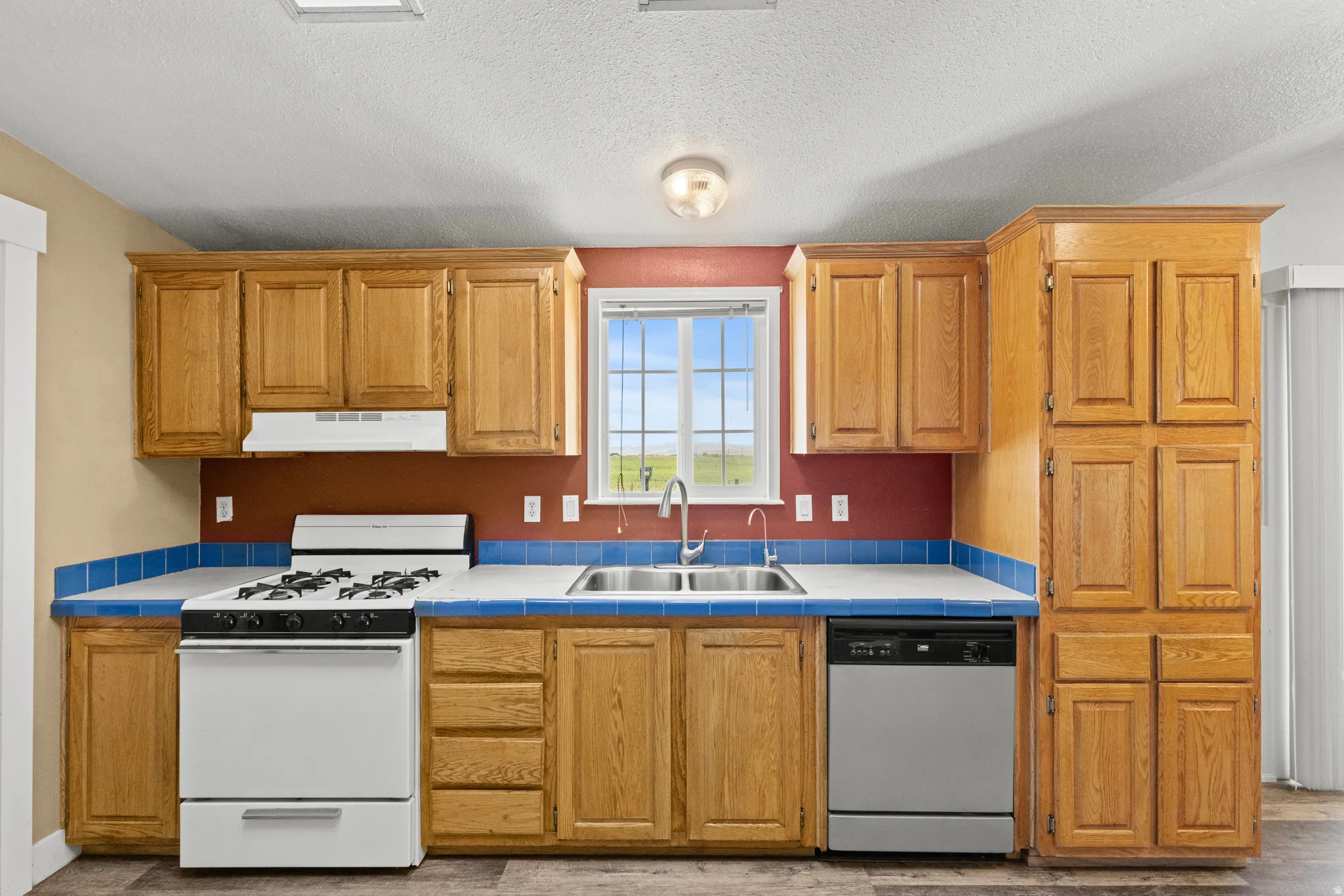 Kitchen featuring wood-finish cabinetry, a double basin stainless steel sink, a gas range with an overhead vent, and a stainless steel dishwasher