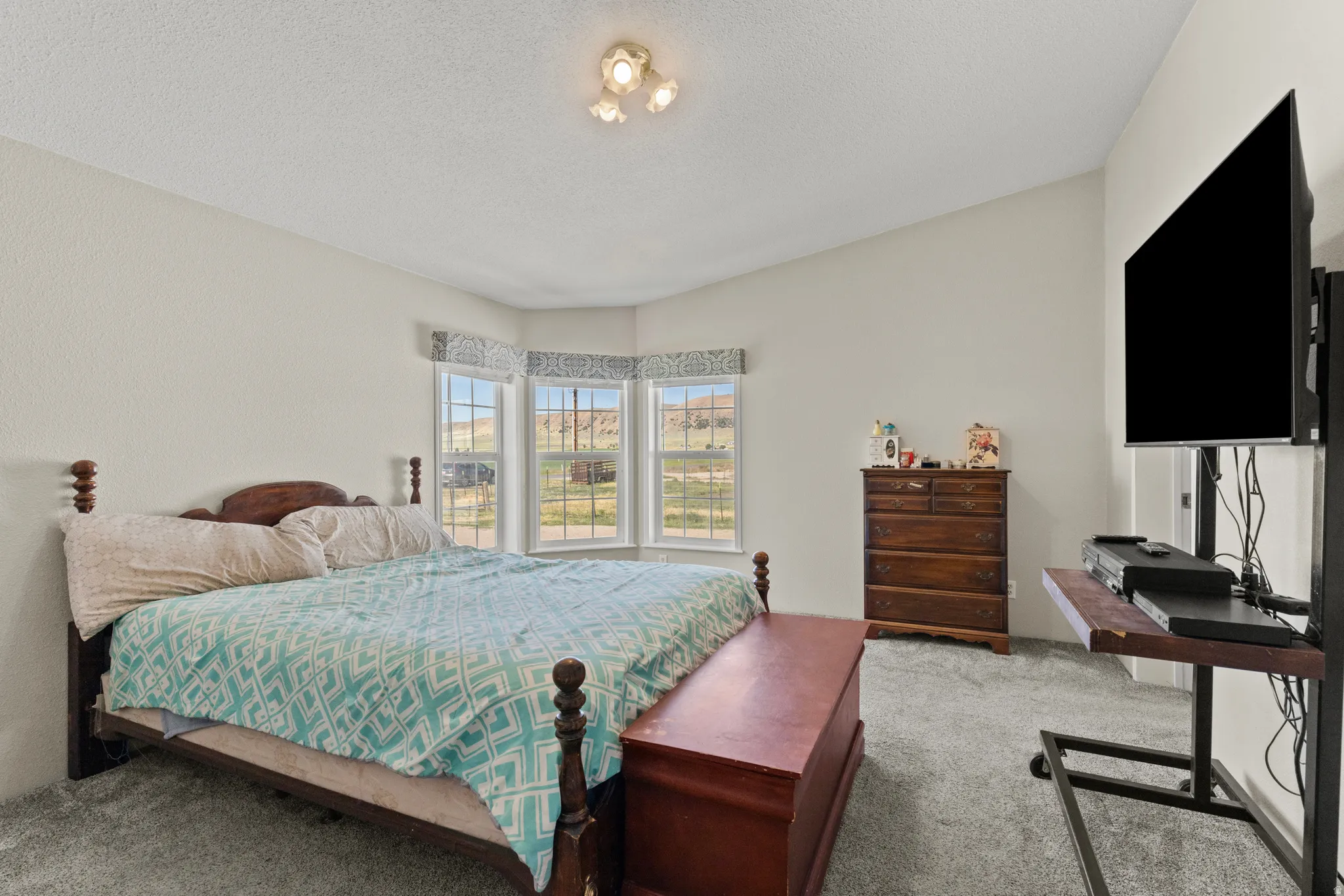 Bedroom featuring a bay window with multiple panes, light gray carpeting, and a vaulted ceiling with a flush-mount light fixture