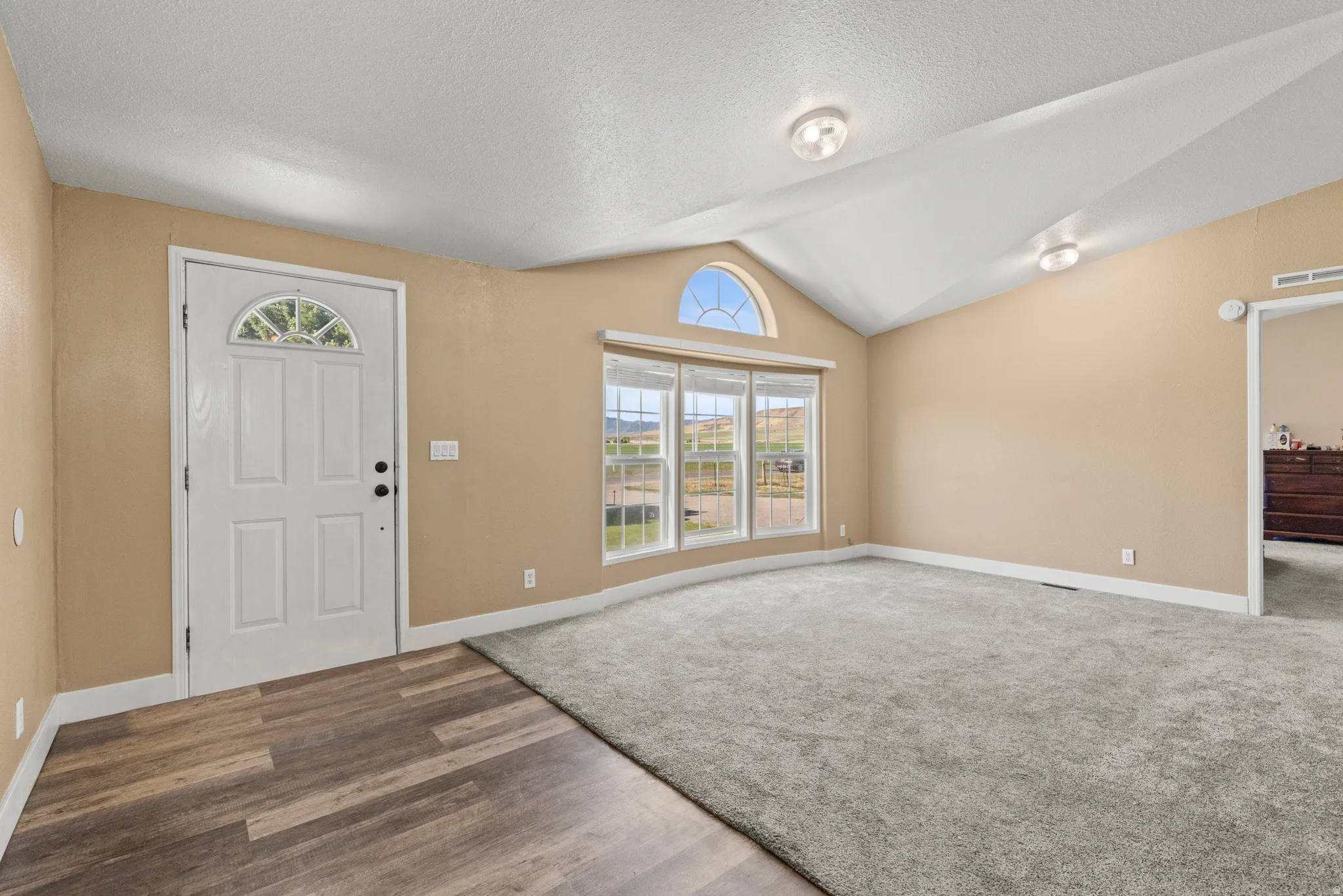 Vaulted ceiling living space featuring a white entry door with an arched glass panel, wood-finish flooring, light grey carpeting, and a triple window unit with an arched transom