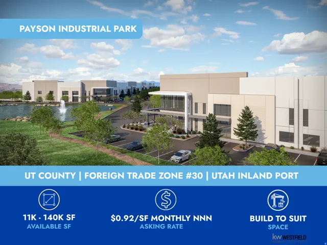 Marketing Brochure. Presenting details for industrial property leasing at Payson Industrial Park, including available square footage, asking rate, and build-to-suit options