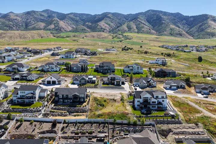 Aerial perspective showcasing a residential community with varied architectural styles