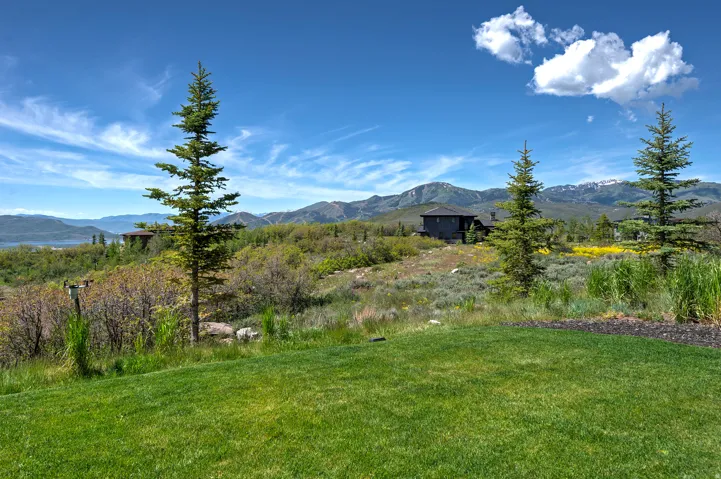Expansive lawn with distant mountain and water scenery
