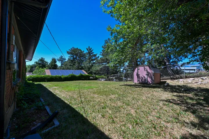 Expansive green space featuring a storage shed, established trees, and mature landscaping