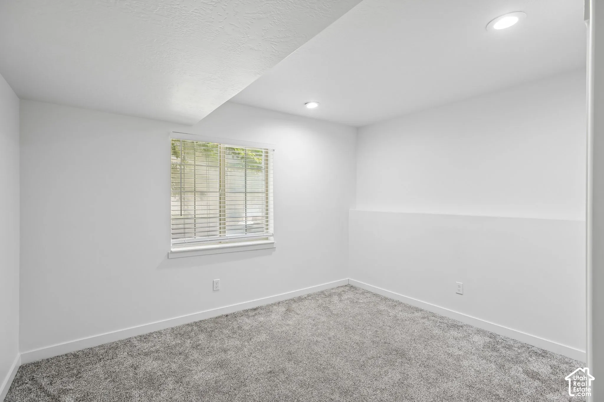 Room featuring neutral gray carpet, white walls, and recessed lighting