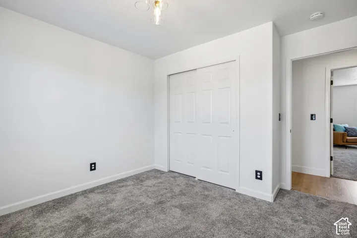 Carpeted room featuring a double-door closet with white paneled doors, white baseboards, and a contemporary ceiling light fixture