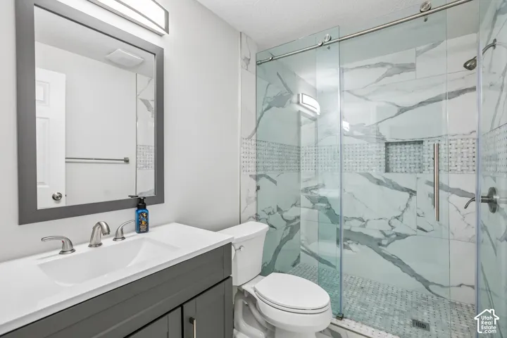 Bathroom featuring a glass-enclosed shower with large format tile, mosaic tile accent, and a built-in shower niche