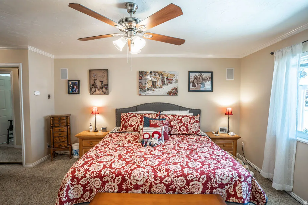 Carpeted bedroom featuring a ceiling fan with light fixture, crown molding, a window with curtain rod, and an integrated audio speaker