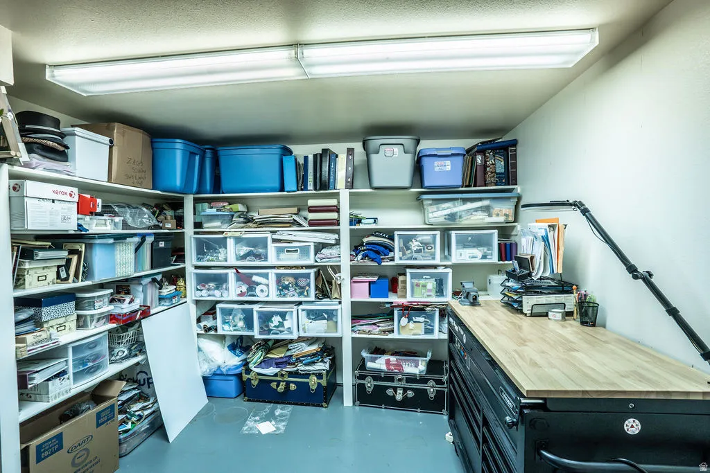 Functional workspace with a butcher block style countertop