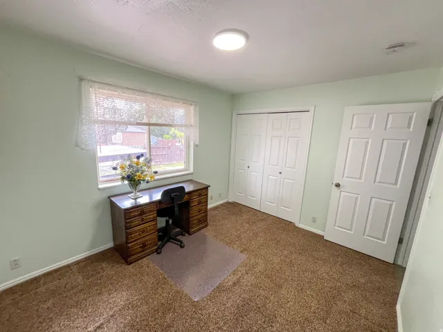 Room featuring soft green walls, brown carpet, and a large window providing natural light