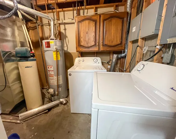 Dedicated utility area featuring a water heater, water softener, and laundry appliances